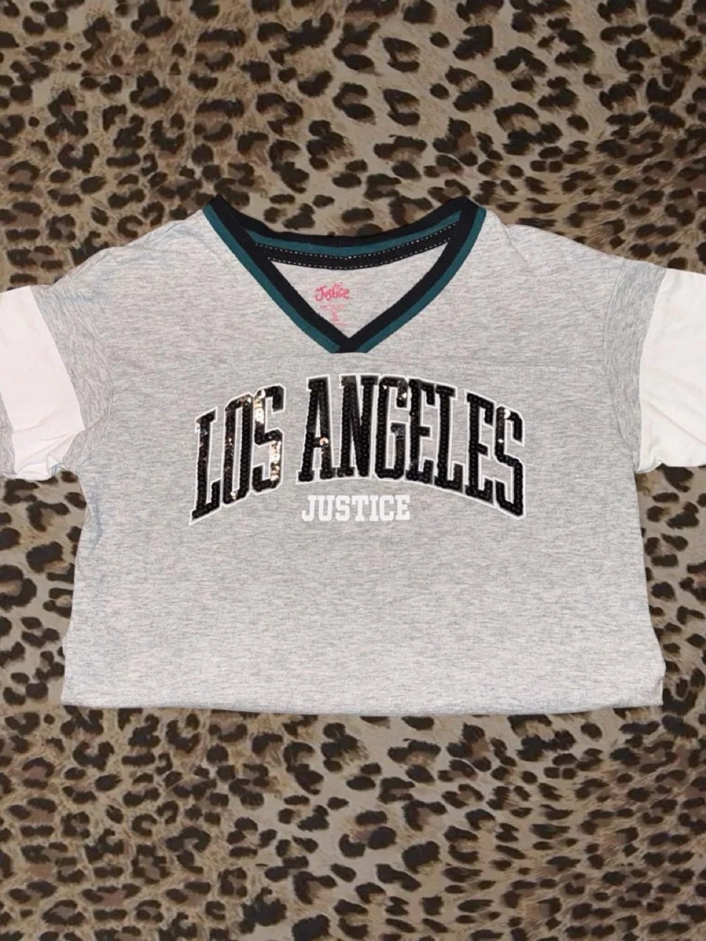 Justice Grey Tee with White Sleeves and Teal-Trim V-Neck